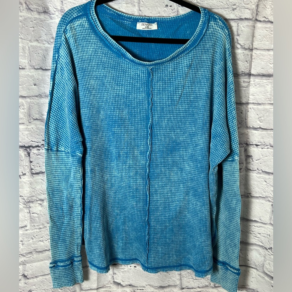 Zenana Outfitters Teal Blue Waffle Knit Scoop Neck Pullover